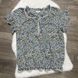 Max Studio Shirt Women Size Large Blue Floral Ruffle Spring Lightweight
